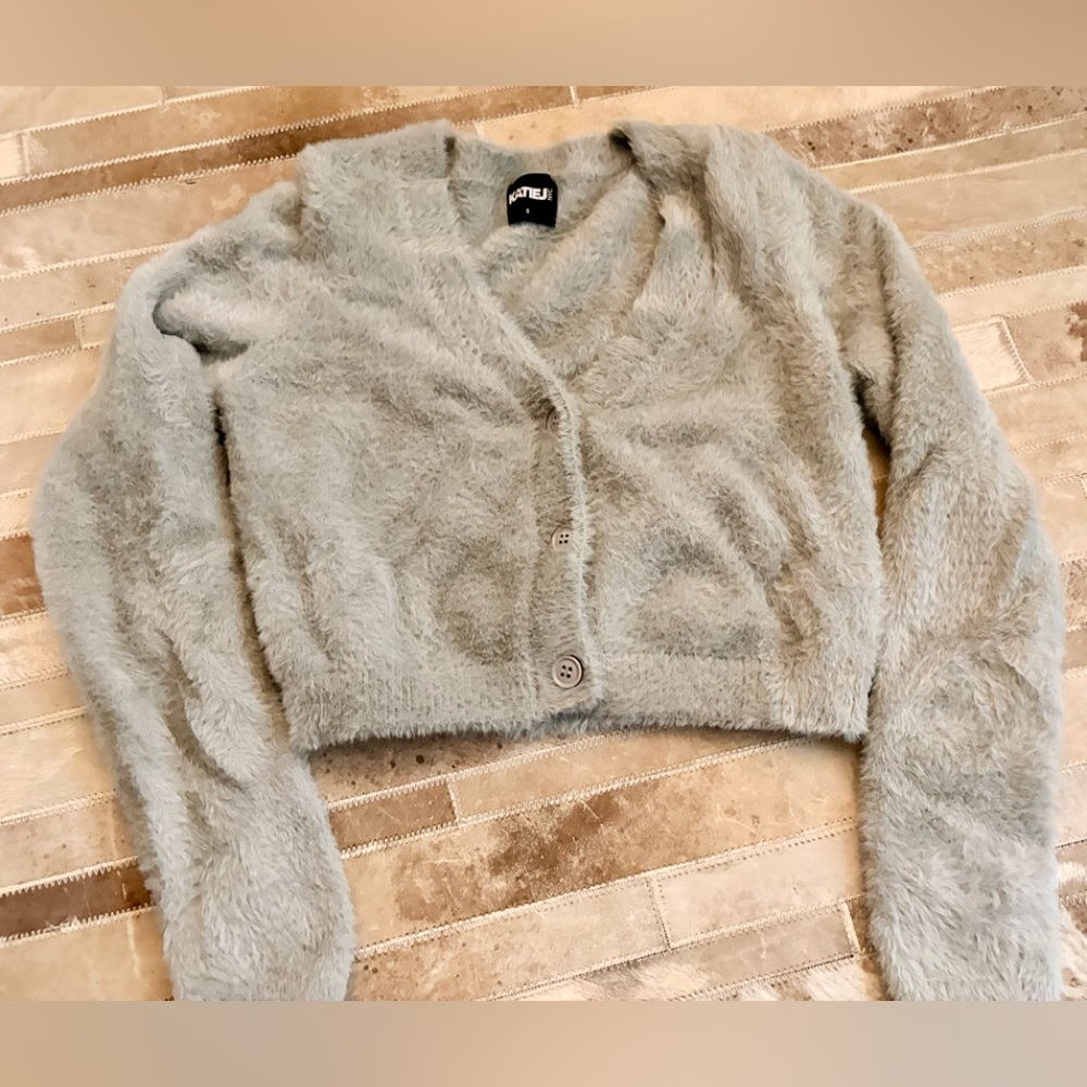 Katie J NYC Mohair Blend Cardigan in Gray